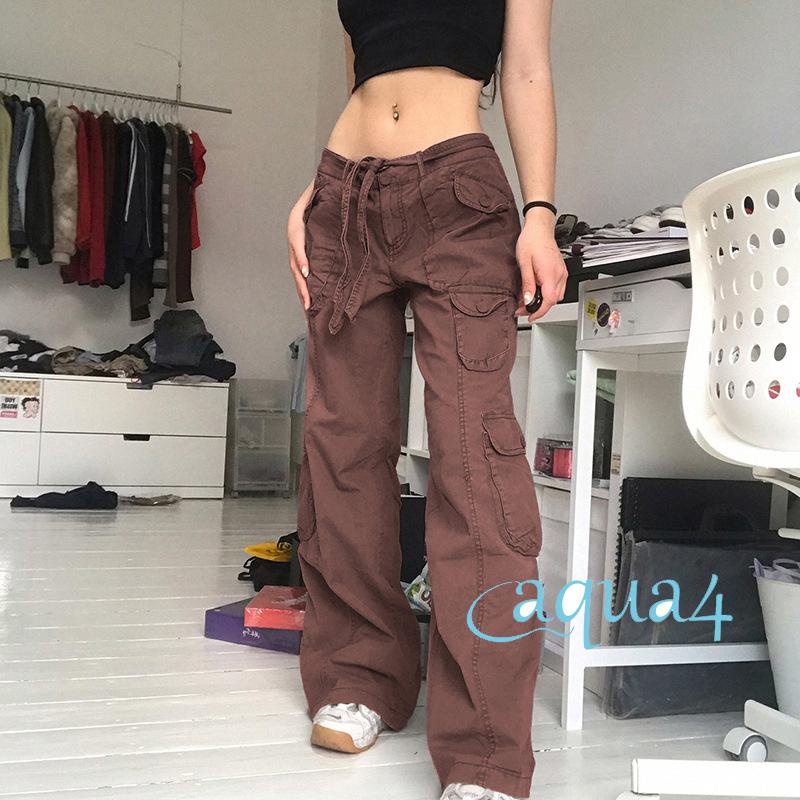 ANANA-Vintage Y2K Women Denim Low Waist Pockets Washed Straight Pants Loose Casual Bottoms Streetwear