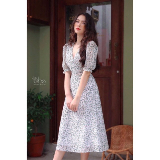 Emily Dress- Đầm hoa cổ V maxi tay phồng- SDX79