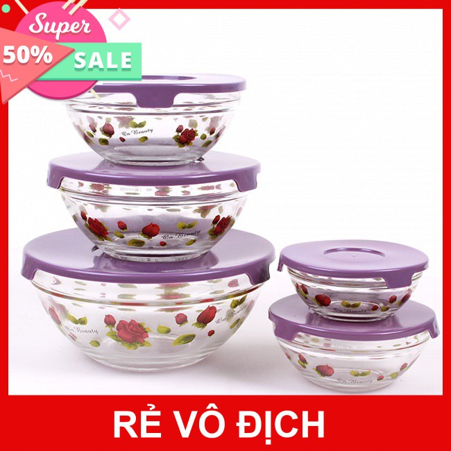 [Hot]-Bộ 5 Thố Thủy Tinh hoa có nắp Glass Bowl
