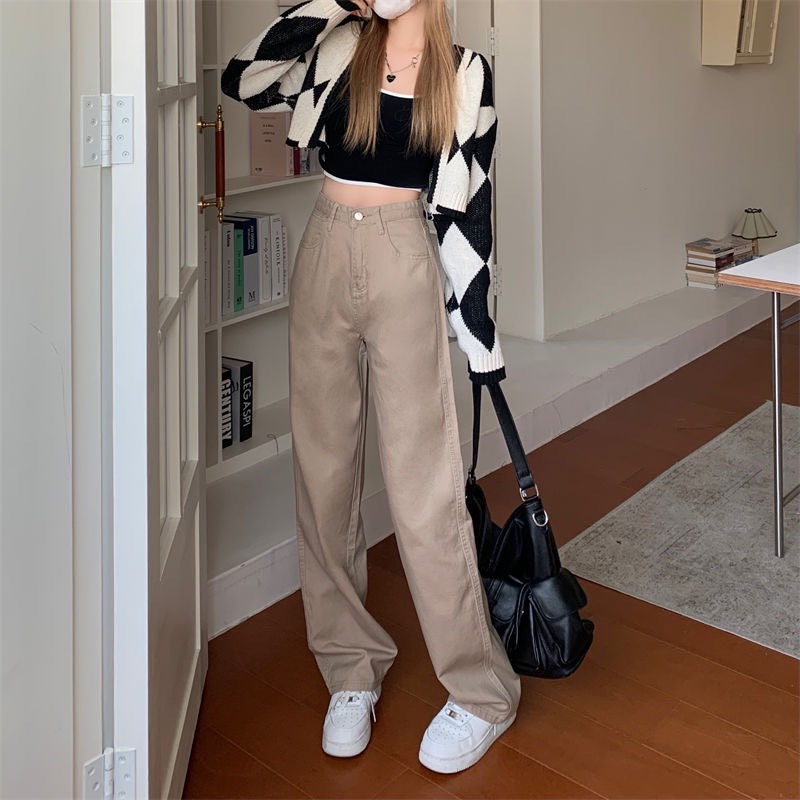 Quần jean nữ màu nâu sữa lưng cạp cao ống suông dài phom rộng chất đẹp loại 1 phong cách Ulzzang đi học đi làm đi chơi | BigBuy360 - bigbuy360.vn