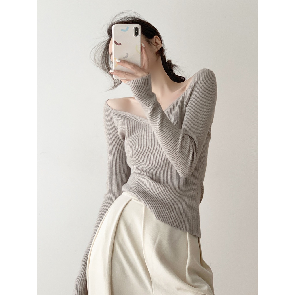 Áo kiểu ZHELIHANGFEI vải dệt kim tay dài hở vai thời trang quyến rũ cho nữ