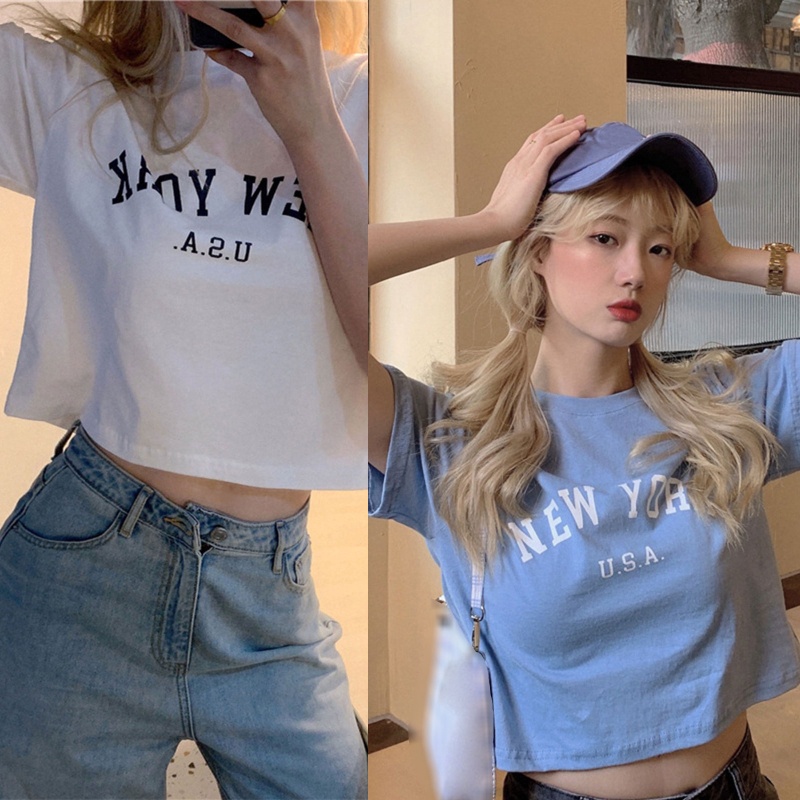 Áo Thun Crop Top Cổ Tròn Tay Ngắn In Chữ Thanh Lịch Dành Cho Nữ