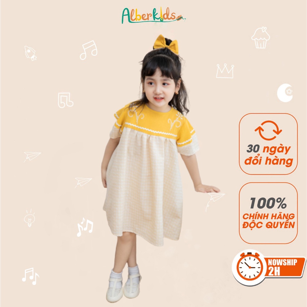 Váy cho bé gái ALBER KIDS thêu họa tiết phối kẻ vàng QUEEN DRESS xinh đẹp cho trẻ em từ 2 đến 14 tuổi [V08]