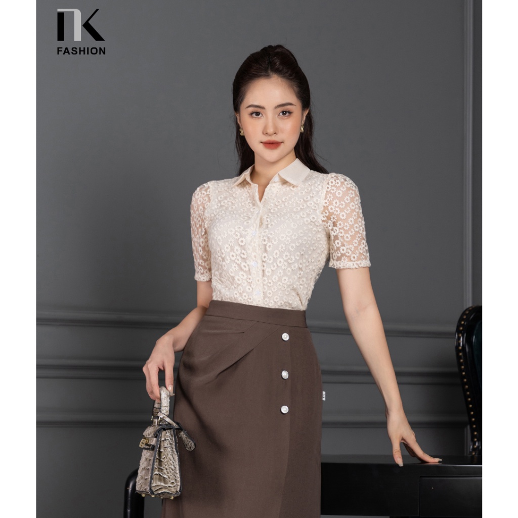 Áo Sơ Mi Cổ Đức NK FASHION Thiết Kế Ren Hoa Nhí Sang Trọng Chất Liệu Nhập Hàn Cao Cấp NKSM2206015