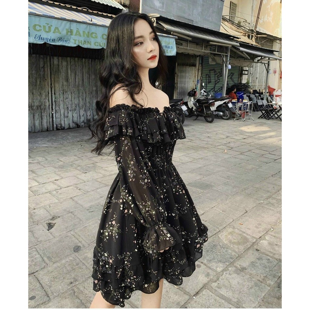 _Đầm Voan hoa nhí bẹt vai bo nhún mang được 2 kiểu xinh xắn tiểu thư PHS1005