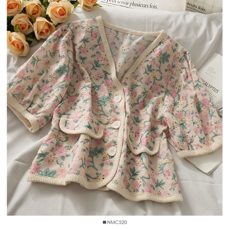Áo sơ mi hoa nữ khuy cài DORIS, áo kiểu nữ ngắn tay cổ chữ V hàng Quảng Châu cao cấp siêu mềm mát | BigBuy360 - bigbuy360.vn