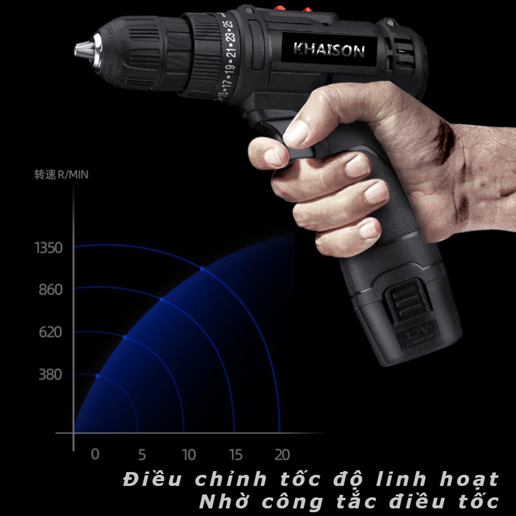 Khoan pin, máy bắt vít KHAISON 12v, 2 cấp độ màu đen,  giảm giá cực shock, tặng phụ kiện