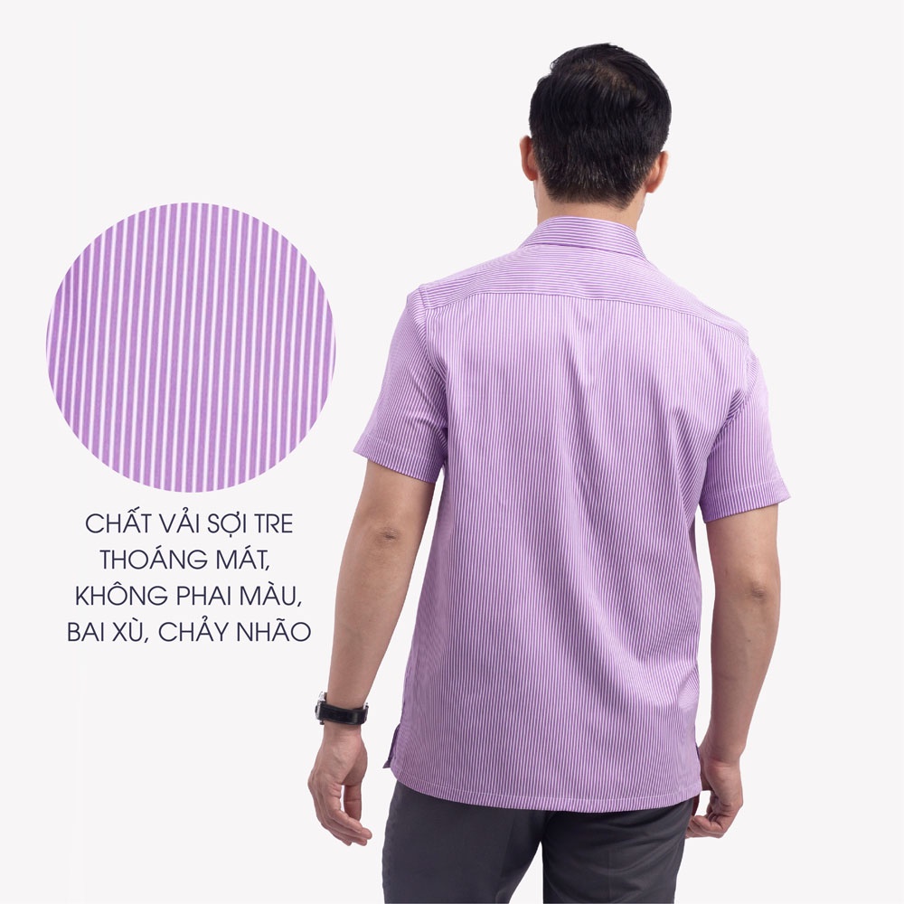 Áo Sơ Mi Nam Ngắn Tay Trung Niên ANCHI Hoạ Tiết Kẻ Tím Vải Sợi Tre Cao Cấp
