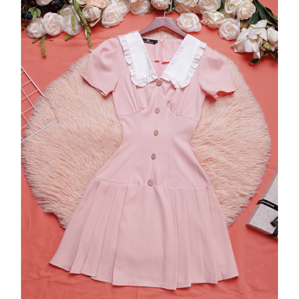 Đầm hồng đầm dự tiệc sang chảnh dáng xòe xếp ly cổ v trắng xinh thanh lịch thiết kế cao cấp đi tiệc đi chơi - Lux W