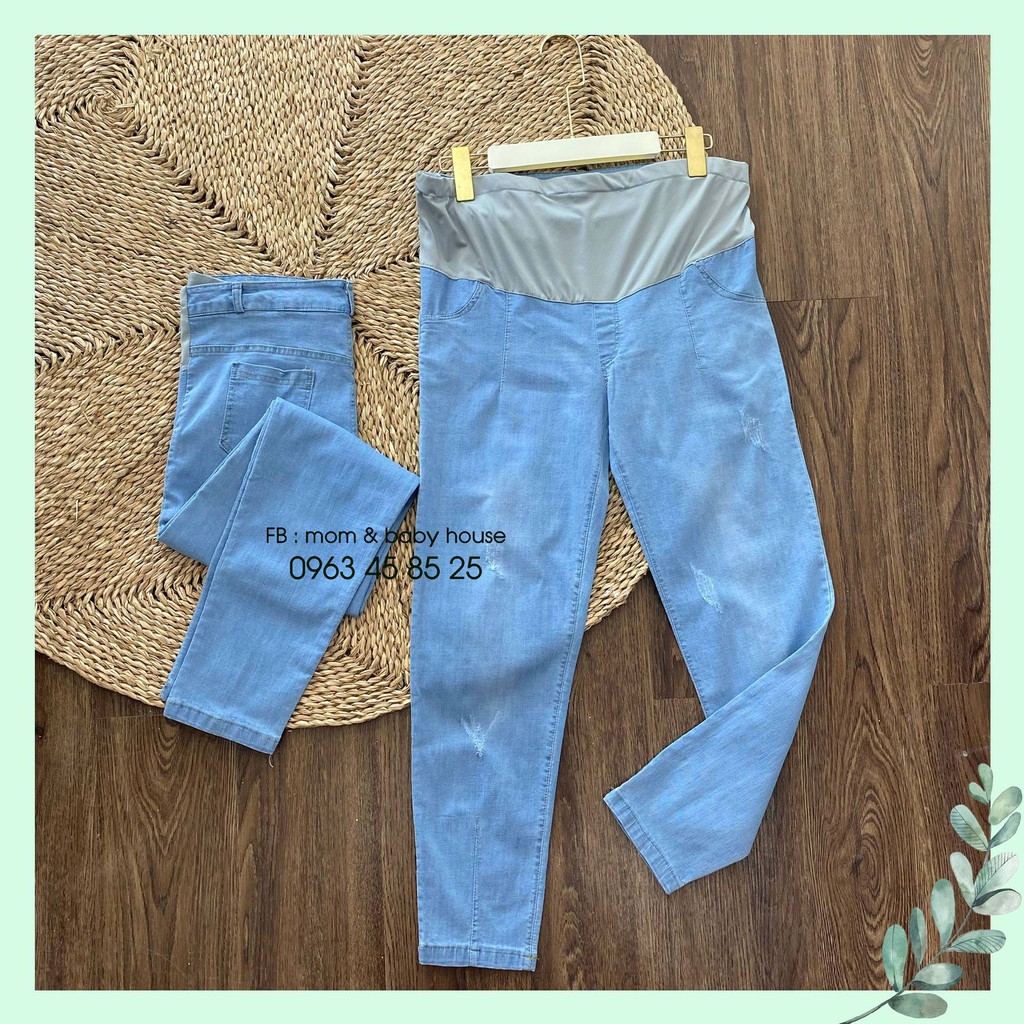 Quần baggy jean bầu xanh mặc suốt thai kì