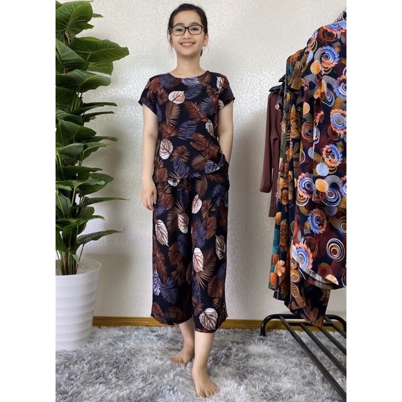 Bộ mặc nhà trung niên, lanh nhung lửng cao cấp