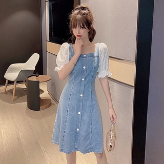 Đầm Denim cổ vuông phối ren thời trang dành cho nữ