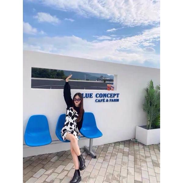 Full set váy họa tiết bò sữa