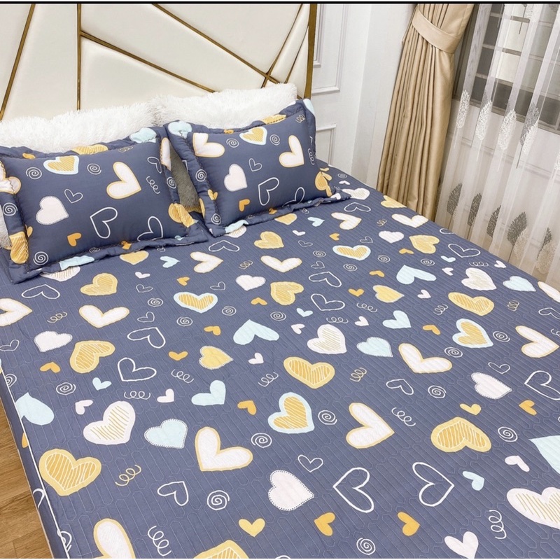 Drap giường trần bông và 2 vỏ gối cotton 100% cao cấp mẫu tim xám