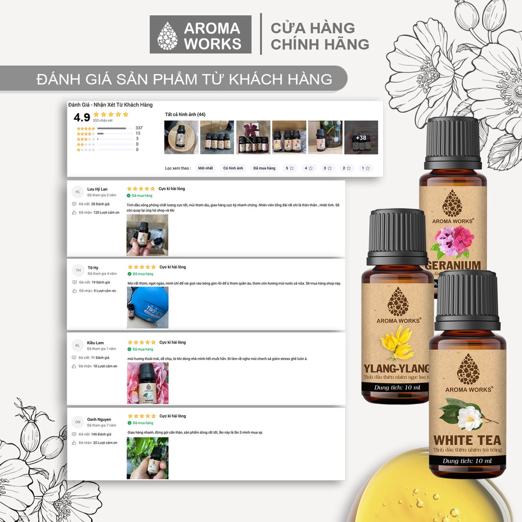 Tinh dầu thơm phòng Aroma Works hoa Oải Hương - Hoa Lài - Phong Lữ - Trà Trắng - Ylang làm nến thơm
