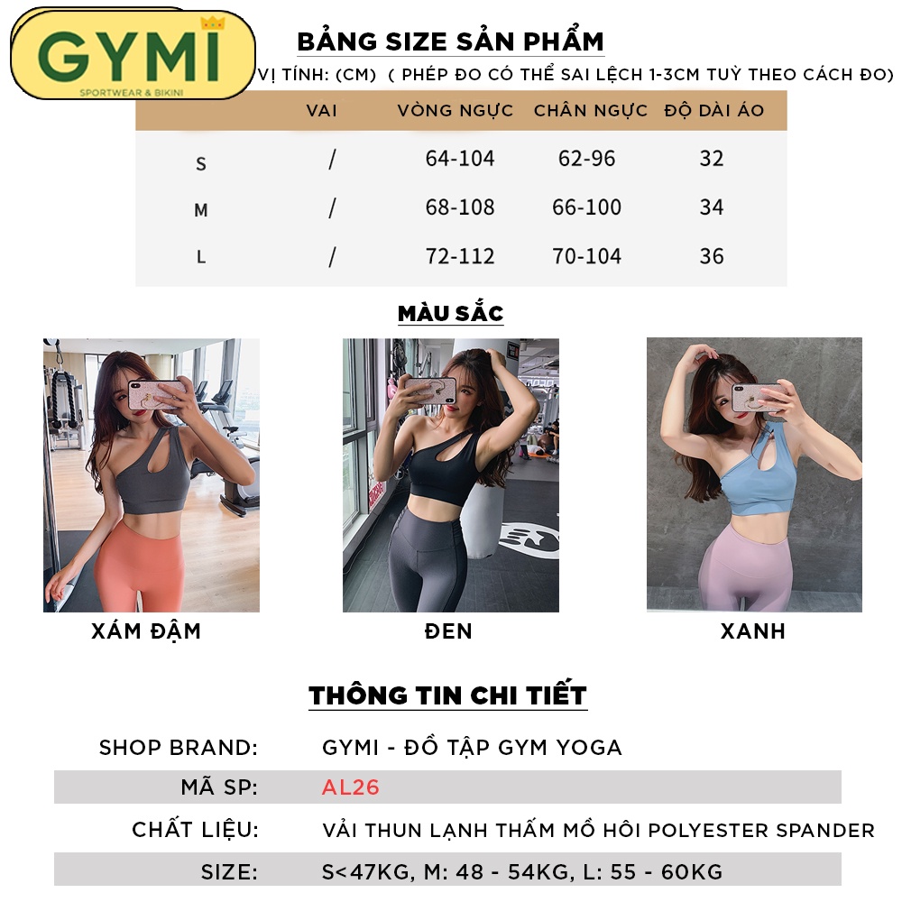 Áo bra tập gym yoga nữ GYMI AL26 dáng dây chéo lệch vai sexy thể thao chất thun lạnh phối lưới co giãn