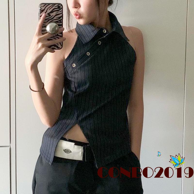 Áo Tank Top Không Tay Hở Lưng Họa Tiết Kẻ Sọc Màu Đen Thời Trang Mùa Hè Cho Nữ