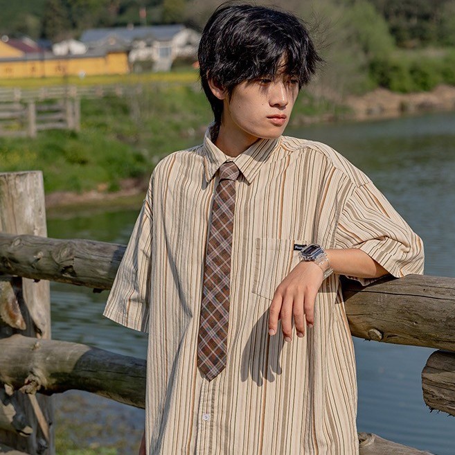 Áo Sơ Mi Tay Ngắn Họa Tiết Sọc Vintage Thời Trang Cho Nam