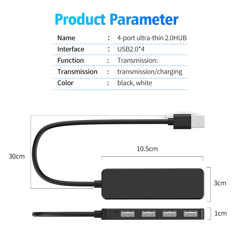 HdoorLink 4 Port High Speed USB Hub Ultra-thin Multi USB 2.0 Splitter Extension Cable Data Transfer Splitter Adapter for PC Laptop Flash Disk Mouse Keyboard