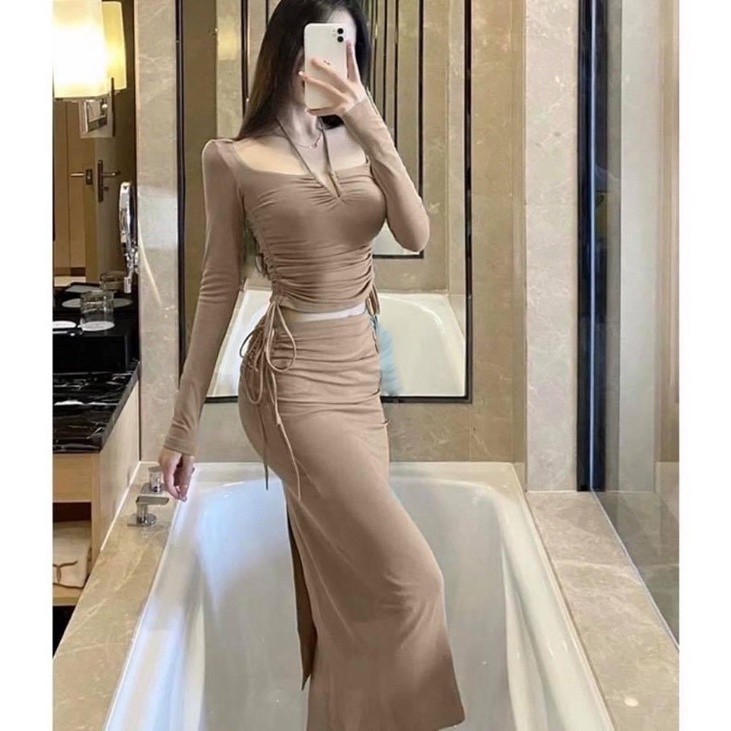 Sét áo tay dài cột nơ + chân váy