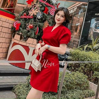 ĐẦM NHUNG CỔ V (KÈM VIDEO HÌNH THẬT)