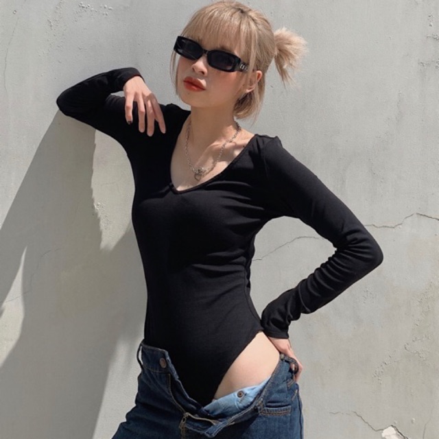 Bodysuit jumsuit tay dài cổ tim sexy thun cotton đứng form Áo liền quần đồ bơi