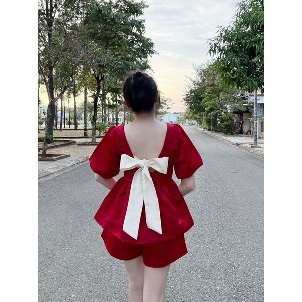 SET ÁO BABYDOLL ĐEN / ĐỎ TAY PHỒNG NƠ NUDE - KÈM VIDEO