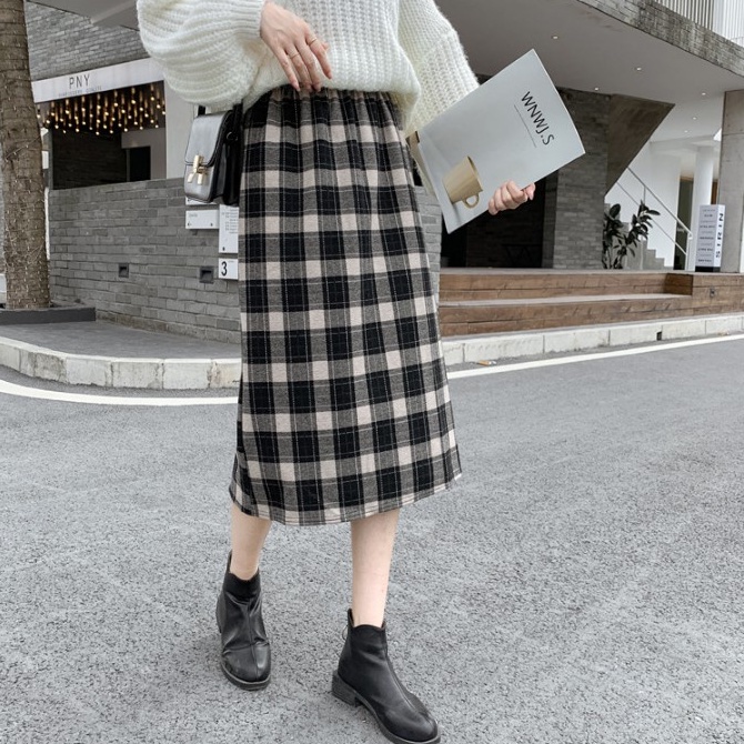 Chân váy dài dạ kẻ caro cạp chun, Chân váy dạ kẻ caro dáng dài Ulzzang 2 màu đen nâu xẻ vạt sau phong cách Hàn Quốc