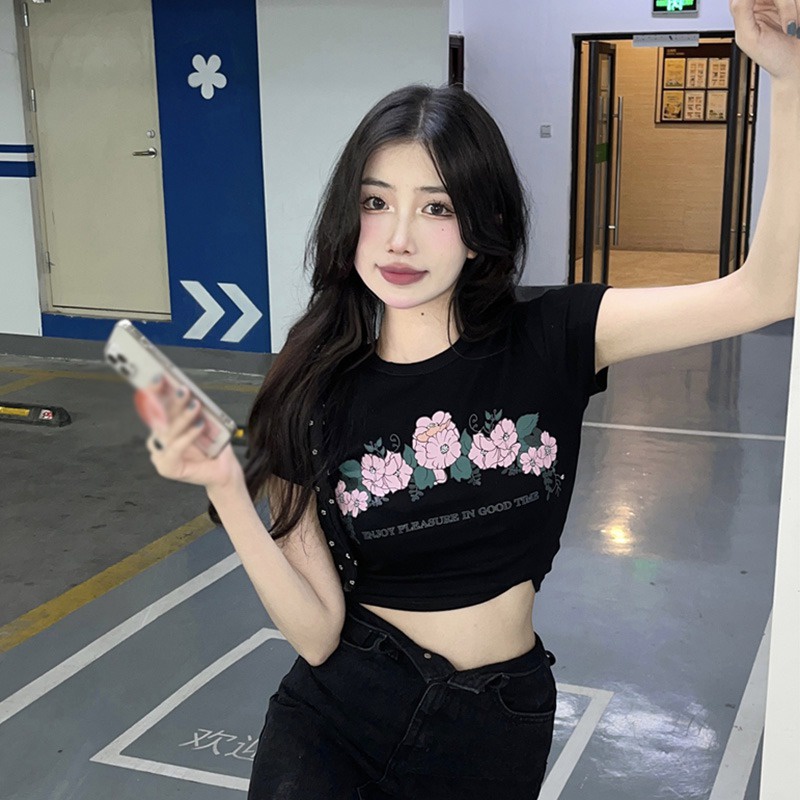 Áo Thun Croptop Ngắn Tay Cổ Tròn Form Ôm In Họa Tiết Hoa Phong Cách Hàn Quốc Thời Trang Cho Nữ