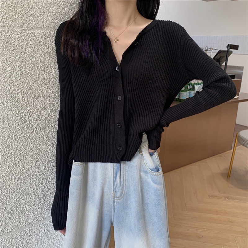 Áo len khoác len carigan nữ tay ôm dài, thân áo rộng màu trắng, màu đen, màu nâu, màu kem vàng