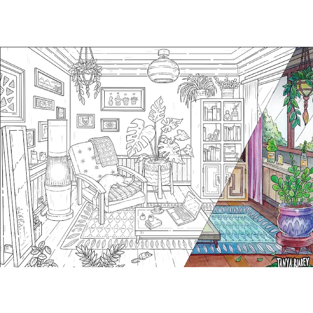 Line art tranh tô màu bộ tranh nội thất combo 12 tranh giấy dầy vẽ màu nước