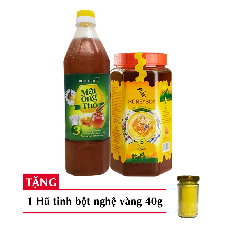 Combo Mật Ong Thiên Nhiên 5 Sạch Honeyboy 1kg và Mật Ong thô 1 lít tặng tinh bột nghệ