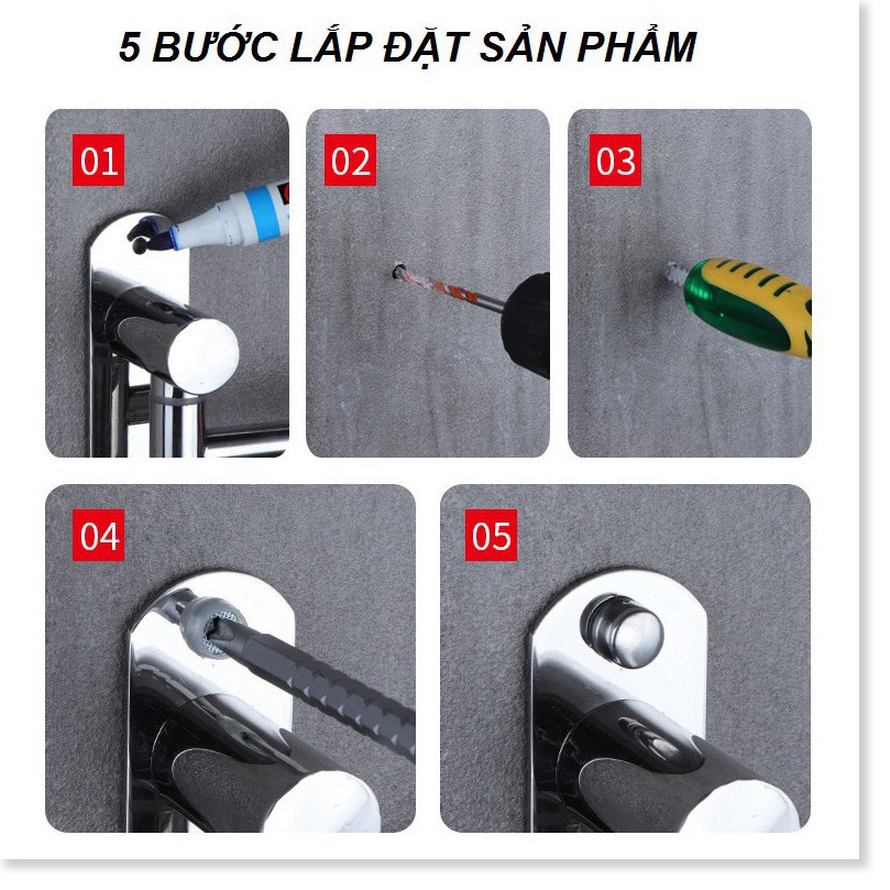 Giá treo khăn tắm dọc có 5 thanh inox không rỉ, Gắn keo và bắt vít siêu chắc