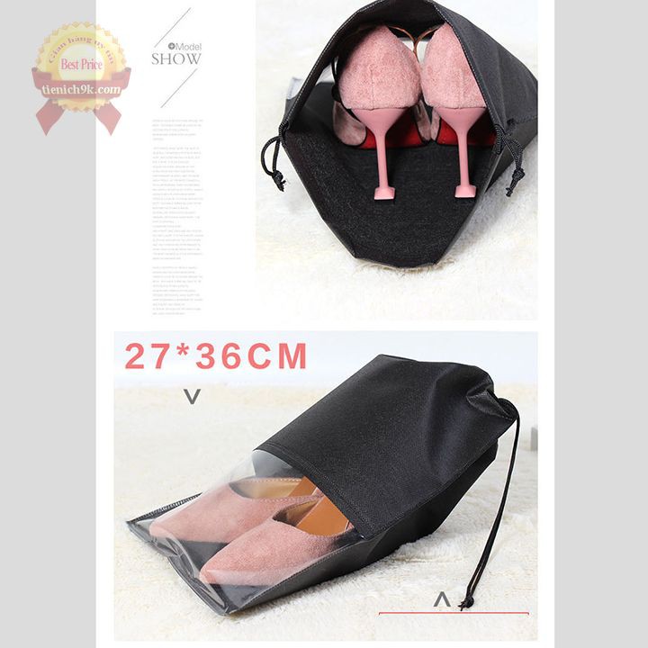 Túi đựng giày dép vải Oxford không dệt trơn dây rút có phần trong suốt