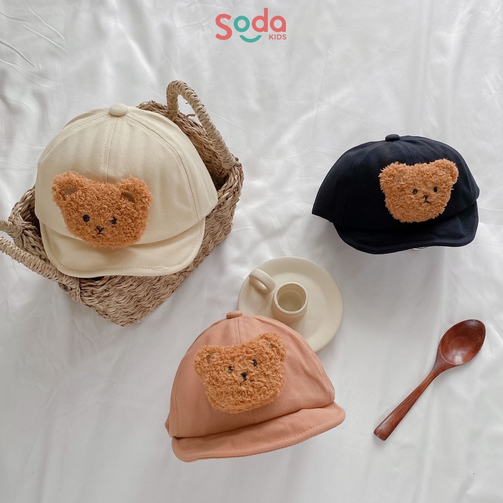 Mũ lưỡi mềm trơn đính gấu nâu dễ thương cho bé trai và bé gái 1-3y