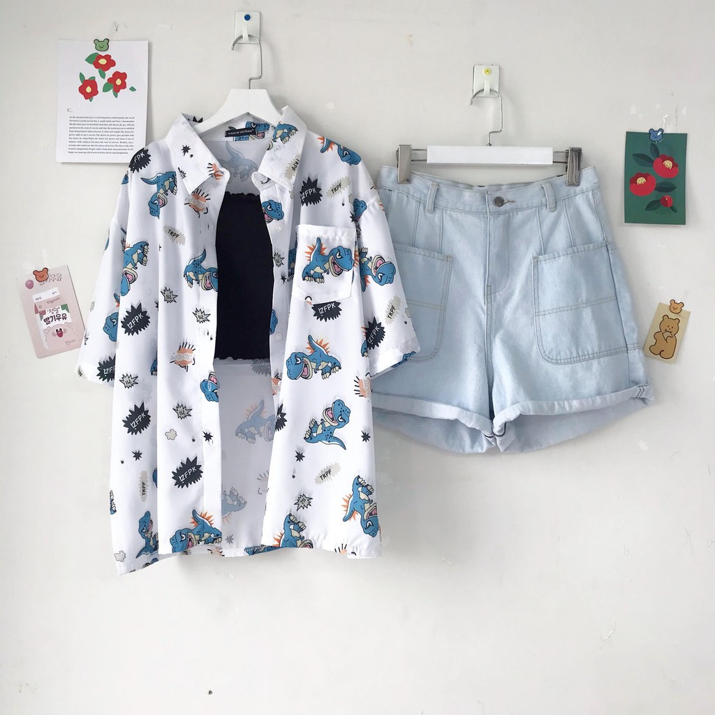 Áo Sơ Mi Hoạ Tiết Khủng Long Tay Lỡ Dáng Rộng Ulzzang Unisex, Sơ Mi Đi Biển - MM | BigBuy360 - bigbuy360.vn