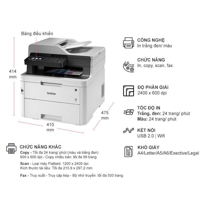 Máy in Laser màu đa năng Brother MFC-L3750CDW - In màu 2 mặt tự động, Scan, Copy, Fax, WiFi - Hàng Chính Hãng