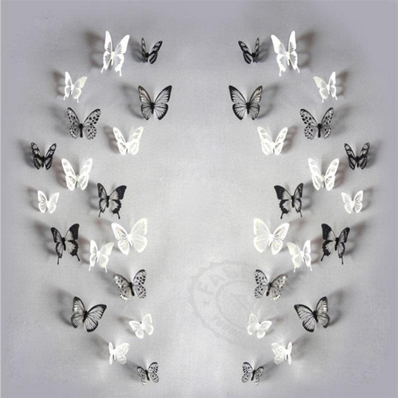Bộ 18 Miếng Dán Tường Hình Bướm Đen/Trắng Pha Lê