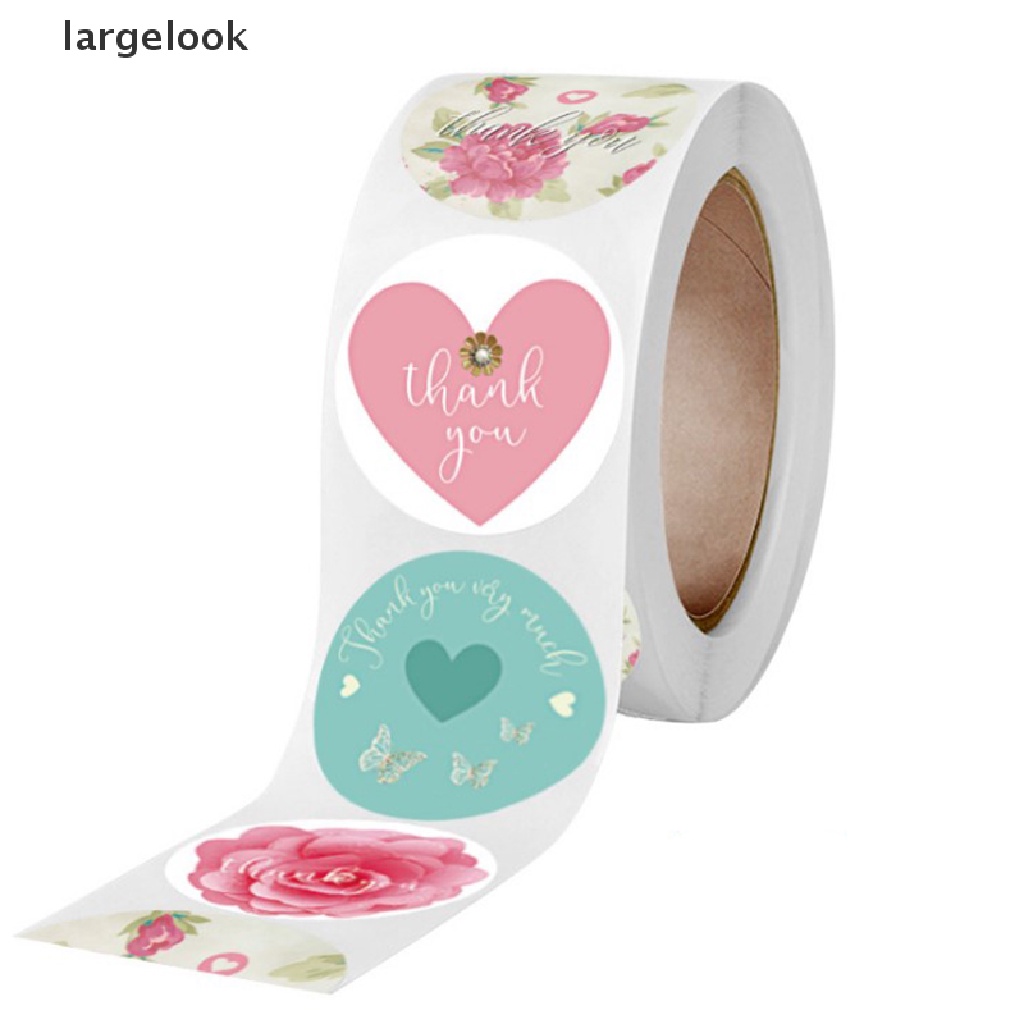 Cuộn 500 miếng dán nhãn niêm phong trang trí hình tròn in chữ cái Thank You hoa hoạt hình đáng yêu dành cho sổ tay