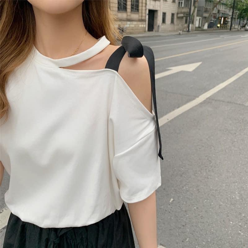 Áo thun nữ choker trễ vai buộc nơ vai 2 mầu kiểu ulzzang vintage tiều thư bánh bèo dễ thương Phong cách hàn quốc ulzzang