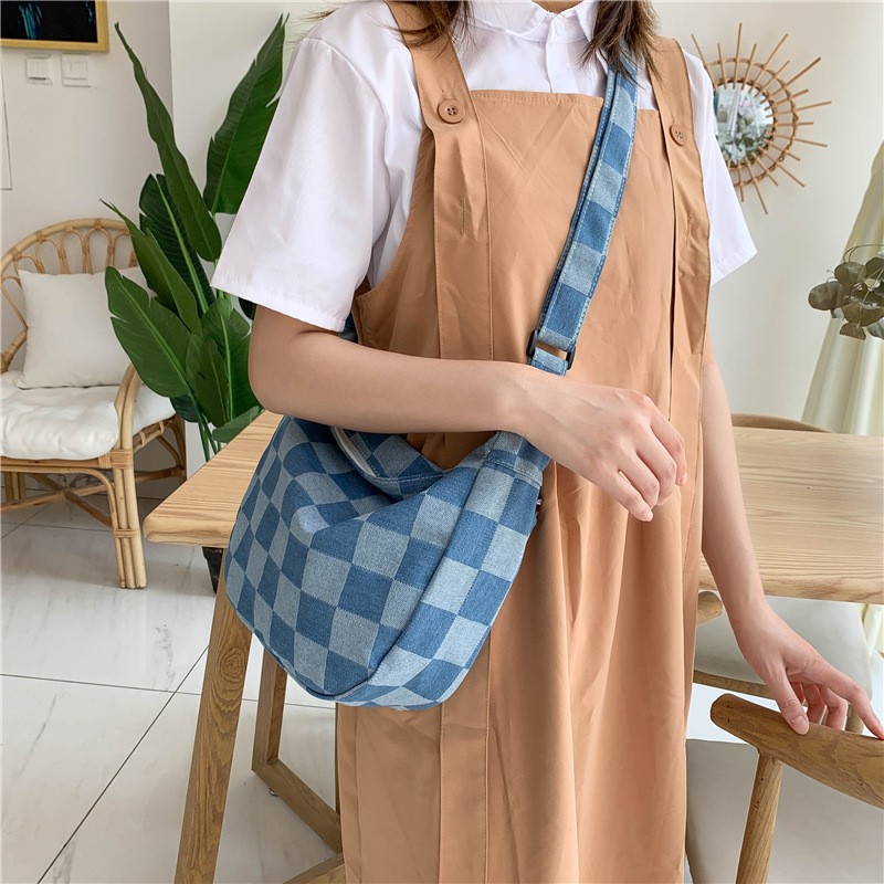 Túi tote đeo chéo nam nữ unisex đi học vải canvas basic màu xanh demin , T017