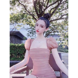 Đầm body thun lưới tay phồng cổ vuồng phom đẹp xuất sắc LYn7