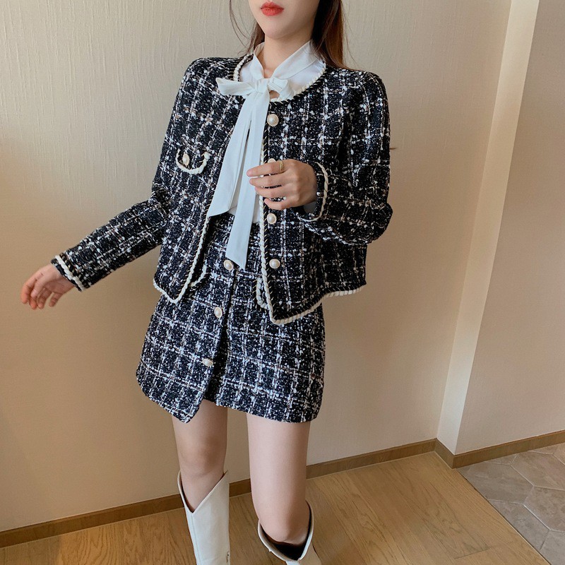 Set áo váy dạ tweed áo khoác dạ tweed và chân váy chữ A A390