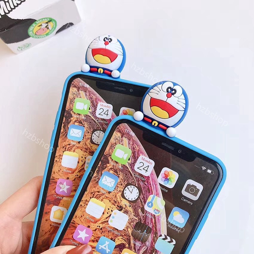 Ốp điện thoại silicon mềm hình Doraemon có dây đeo và gương soi cho Iphone 7 8+ 6 6s+ X Xs Se 2020