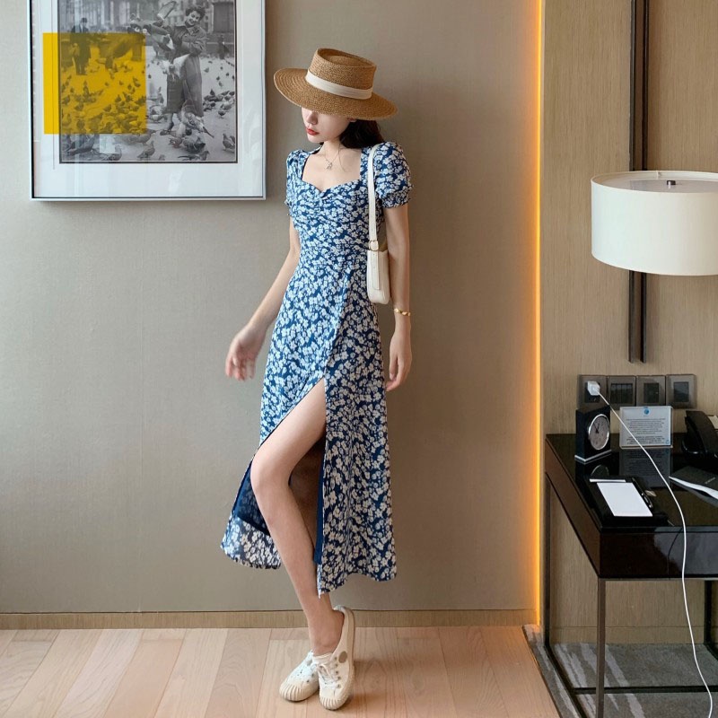 IELGYĐầm Hoa Cổ Vuông Dáng Ôm Xẻ Tà Phối Nút Thời Trang Hàn Quốc Cổ Điển