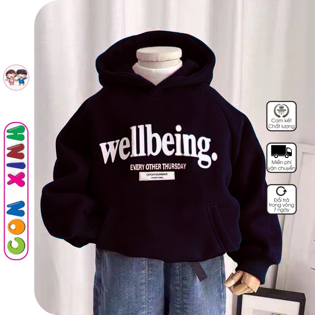 Áo hoodie nỉ bé trai Con Xinh phom rộng in chữ Wellbeing, thời trang thu đông dành cho bé từ 4 đến 10 tuổi