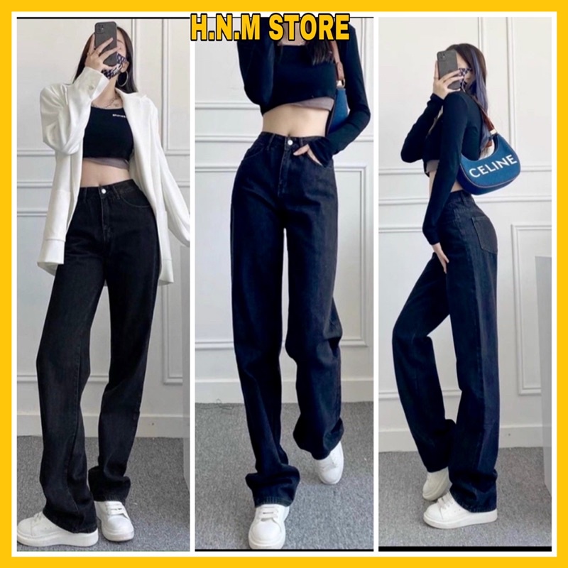 Quần jeans nữ ống đứng lưng cao đen trơn H.N.M STORE - Quần bò ống rộng dáng xuông cạp cao hottrend
