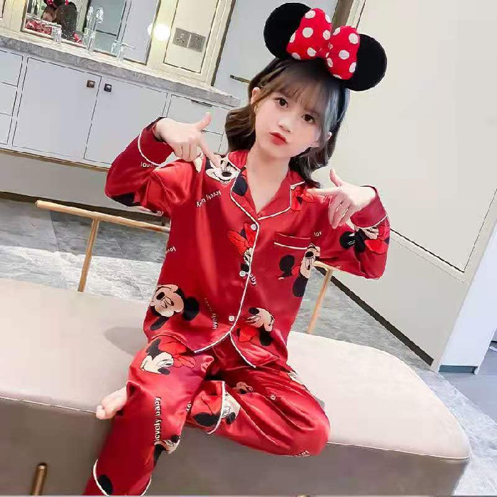 Bộ Đồ Ngủ Vải Lụa Tay Dài In Hình Chuột Mickey Phong Cách Hàn Quốc Dành Cho Bé