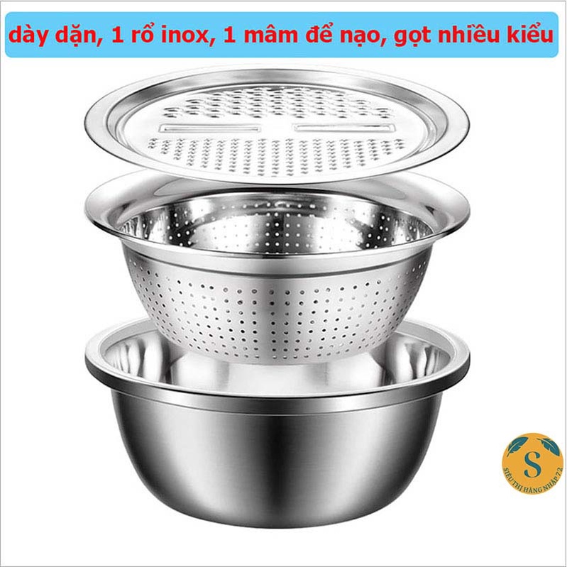 Bộ Thau Rổ Bào Rau Củ Inox Không Rỉ 3 Món (Thau + Rổ + Mặt Bào) [RỔ 3]