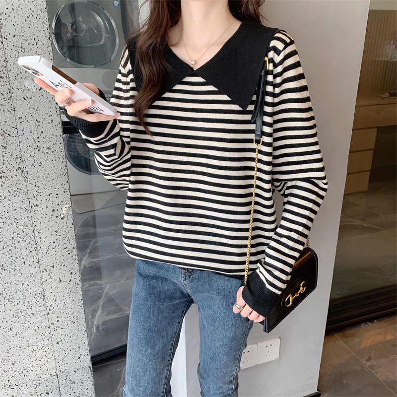 ZHELIHANGFEI Áo Sweater Tay Dài Cổ Thủy Thủ Kẻ Sọc Trẻ Trung Phong Cách Phương Tây